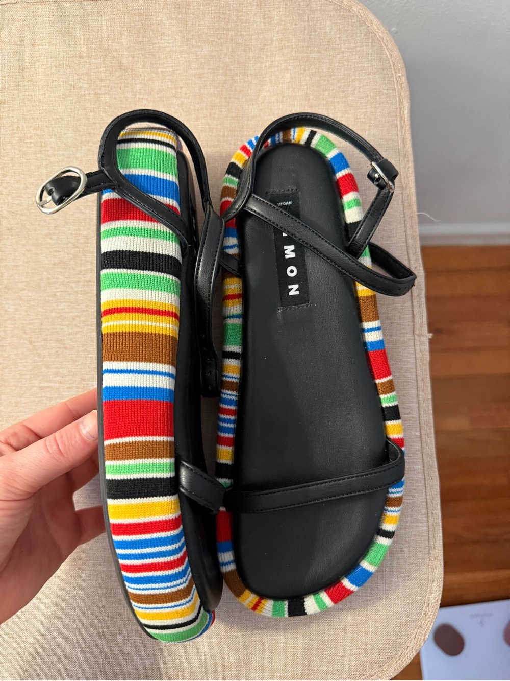 Simon Miller Black Leather Platform Sandals with Multicolor Striped Trim - Picture 2 of 3